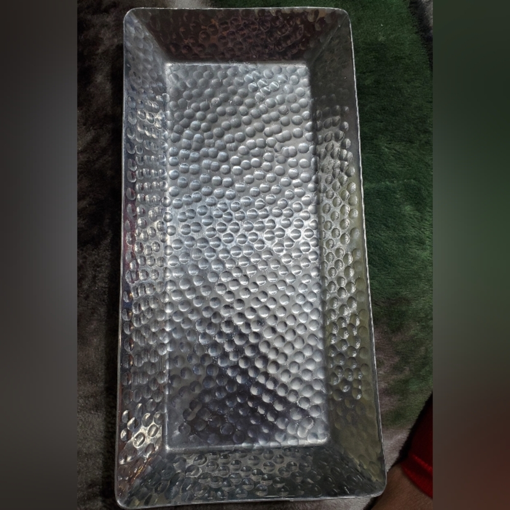 Threshold Rectangular Hammered Silver Tone Metal Food Safe Serving Tray. 10x3.5.